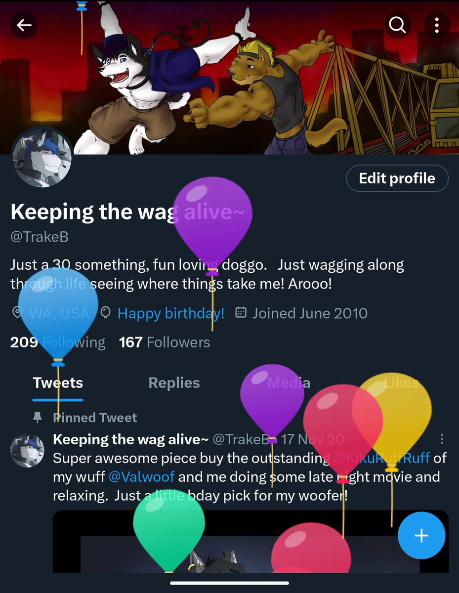 TrakeB's tweet photo. Attack of the balloons.  Wagged my way through another year!  And gonna do it some more. https://t.co/T0A7yMOTJ0