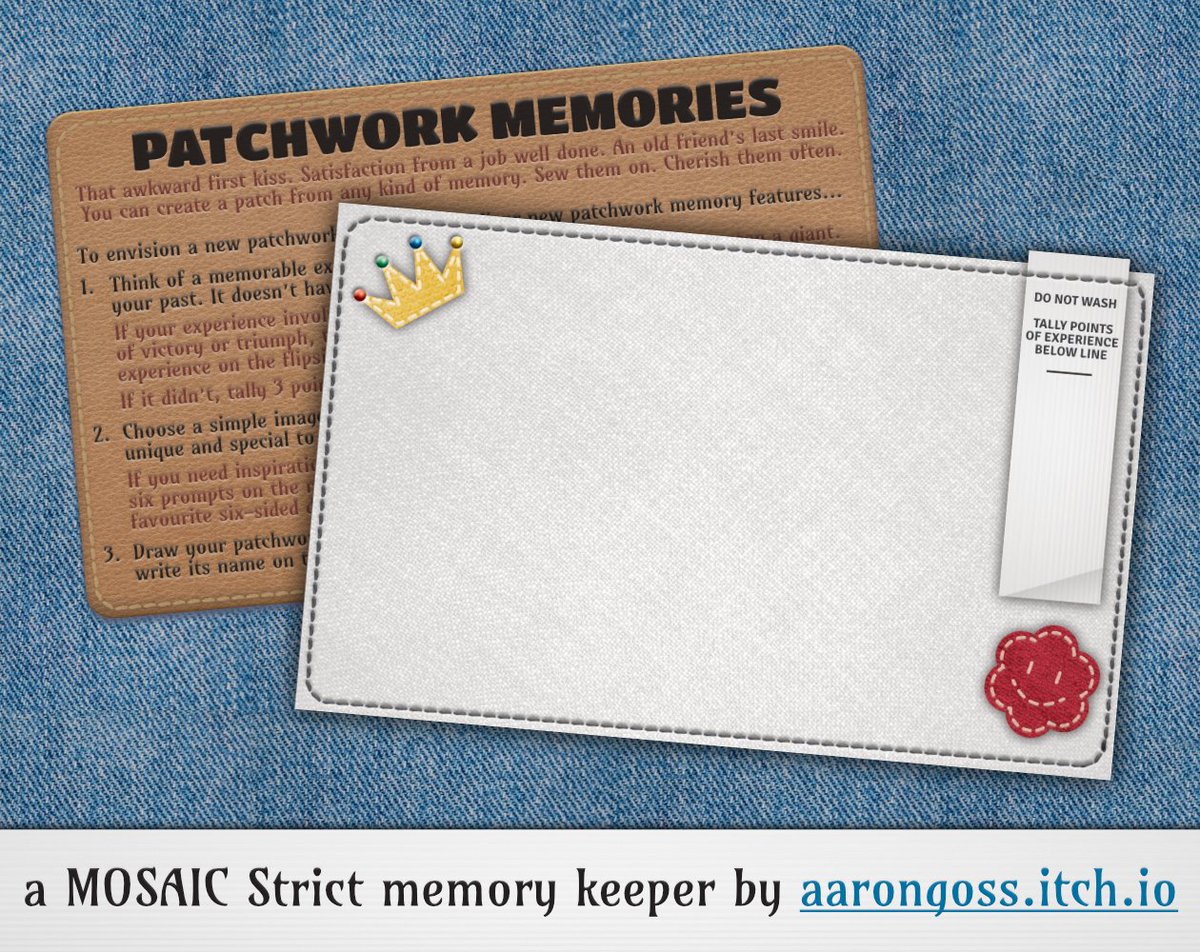 I made a #memory #keeper for the #TinyLibrary #MosaicStrict game jam and I am really proud of it! It could be my fanciest looking #microgame yet 💖🥰

#OneCardGame #trinket #doodad #gizmo #token #totem #patchwork #memory #inventory #bank #cute #gamedev #AffinityPublisher #hashtag