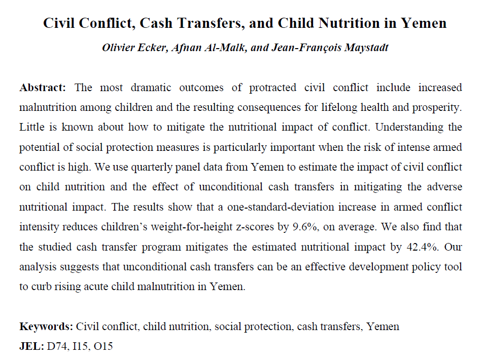 My new paper “Civil #conflict, #cashtransfers, and child #nutrition in #Yemen,” with @jfmaystadt and Afnan Al-Malk, was just accepted in EDCC as #OpenAccess.
doi.org/10.1086/726294

@IFPRI, @CGIAR, #FCMInitiative, @giz_gmbh
#malnutrition, #socialprotection, #HumanitarianAid