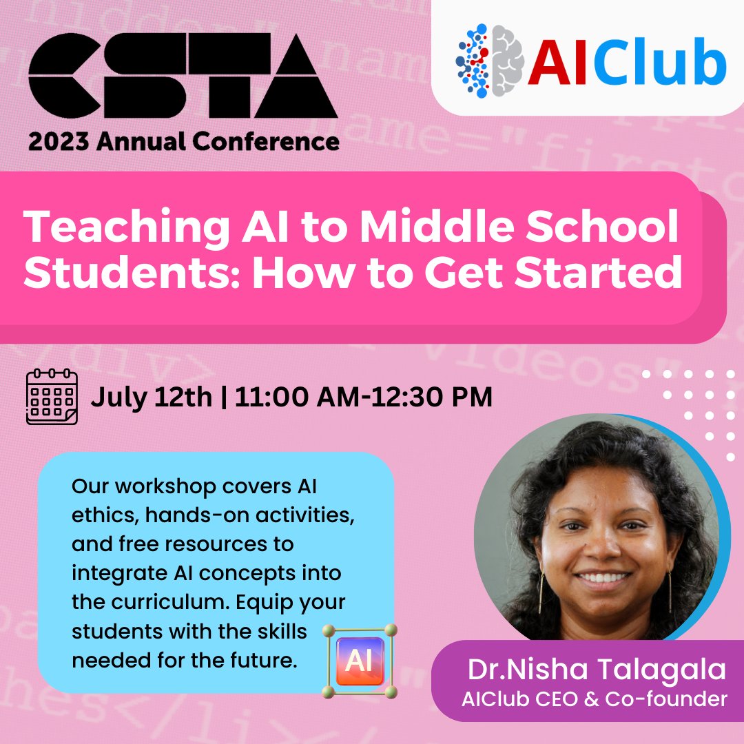 Don't miss out on this must-attend session at #CSTA2023! 🤖

Join Dr. Nisha Talagala's hands-on workshop for middle school teachers introducing AI in classrooms. Explore AI concepts, ethics, and engaging activities.

Learn more 👇
bit.ly/3CZsvXG

@csteachersorg