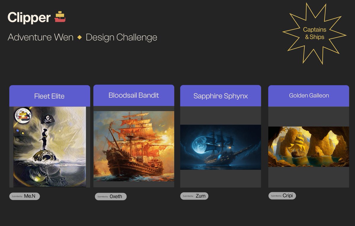 Clipper_DEX's tweet photo. 🎨Spirit Captains and Ships Finalists🎨

Feast your eyes on these extraordinary creations of our Adventure Design Contest finalists! 🎨✨

Click in to admire their works, and stand by to vote for your faves when the Polls open!🗳️ https://t.co/NaX6axKR6d