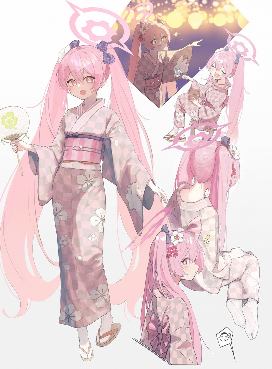 1girl halo japanese clothes kimono twintails long hair pink hair  illustration images