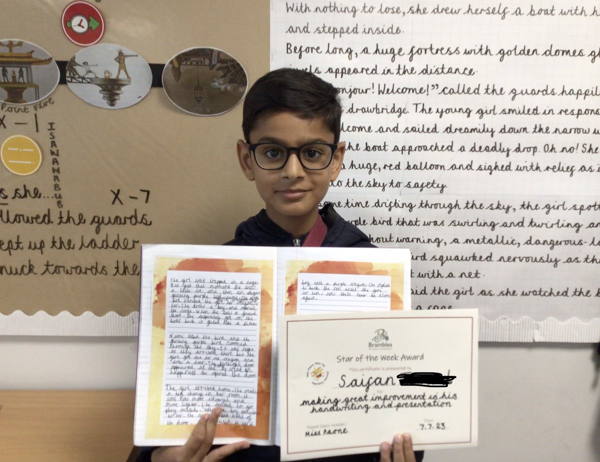 AshBrambles's tweet photo. Congratulations to Saifan in 4 Ash for achieving his 'Star of the Week Award' today. 🥳 Saifan has earnt this for making a great improvement in his handwriting and presentation since the beginning of Year 4. Here he is with a beautiful piece of published writing!🤩#BramblesPD https://t.co/aELnAfpbha