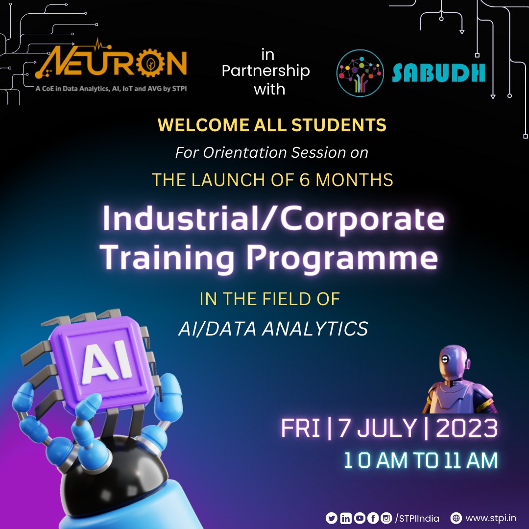 STPIMohali's tweet photo. Neuron @STPIMohali in partnership with Sabudh Foundation are delighted to share the launch of 6 months Industrial/Corporate Training Programme in the field of #AI/Data Analytics. @purnmoon @SabudhF https://t.co/4Ikwk81ujA