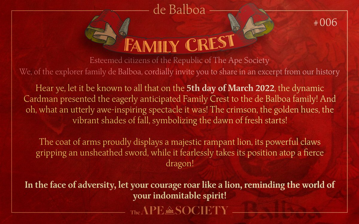 Debalboa_TAS's tweet photo. In the face of adversity, let your courage roar like a lion, reminding the world of your indomitable
spirit! We de Balboa's proudly acknowledge our Family Crest @the_ape_society @therealcardman #debalboa #familycrest #TAS #Cardano https://t.co/GOGzOezVmi