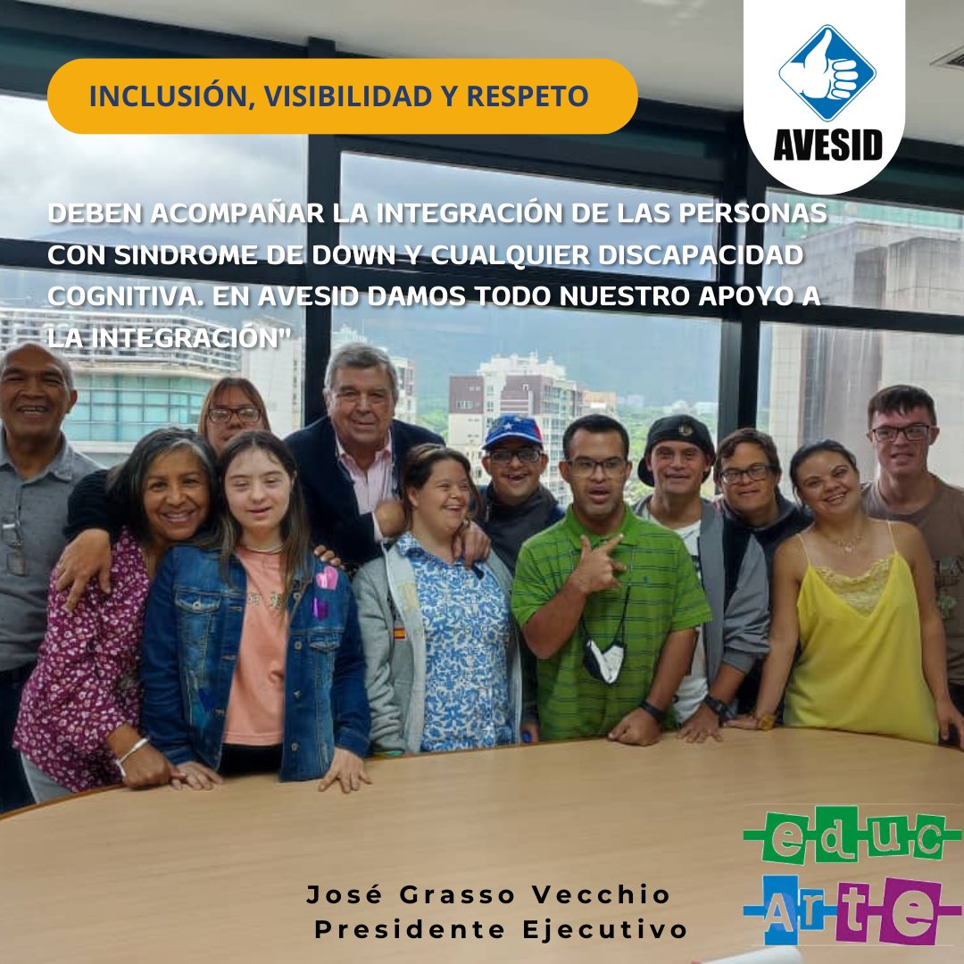 josegrasso's tweet photo. "La Asociación Venezolana para el Sindrome de Down tiene 31 años trabajando por la calidad de vida de los que tienen Sindrome de Down y cualquier discapacidad cognitiva. Trabajamos por la inclusión y el respeto a la diversidad " José Grasso Vecchio Presidente Ejecutivo
@avesid https://t.co/cM7Cbseyrs