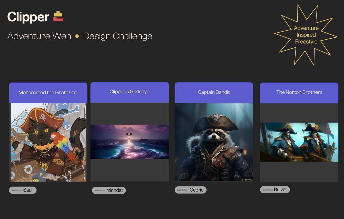 Clipper_DEX's tweet photo. 🎨Adventure Inspiration Finalists🎨

Check out these masterpieces by the creators of our Adventure Design Contest finalists! 🎨✨

Click in to admire their works, and stand by to vote for your faves when the Polls open!🗳️ https://t.co/bwZ0JlVdg4