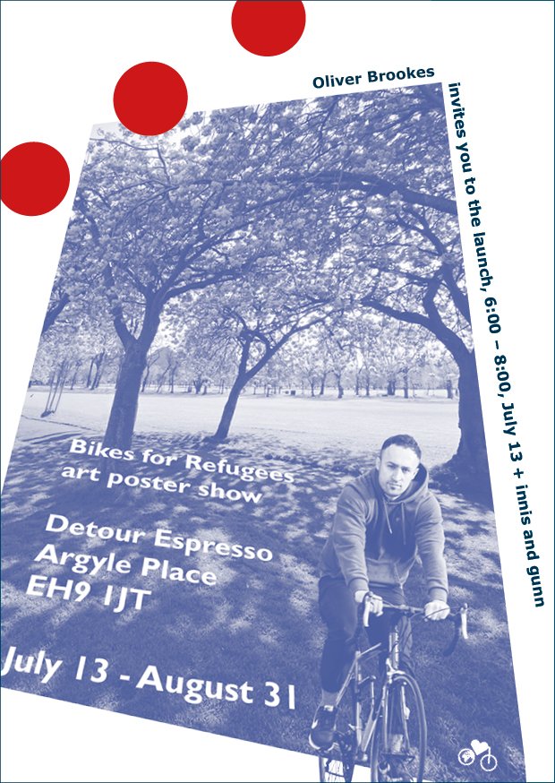 OliverBrookes's tweet photo. Next week at Detour Espresso, Marchmont.
Bikes for Refugees art poster launch. See you there, Oliver https://t.co/CPyCcdBYEI