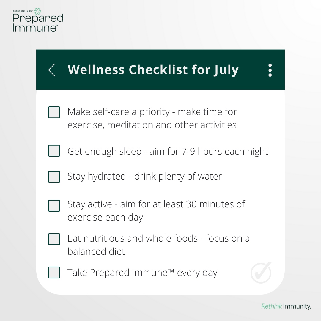 preparedimmune's tweet image. Embrace a healthier July and rest of 2023 with our Wellness Checklist 📋 Prepared Immune™ is committed to helping you prioritize your health

#preparedimmune #wellnesschecklist⁠