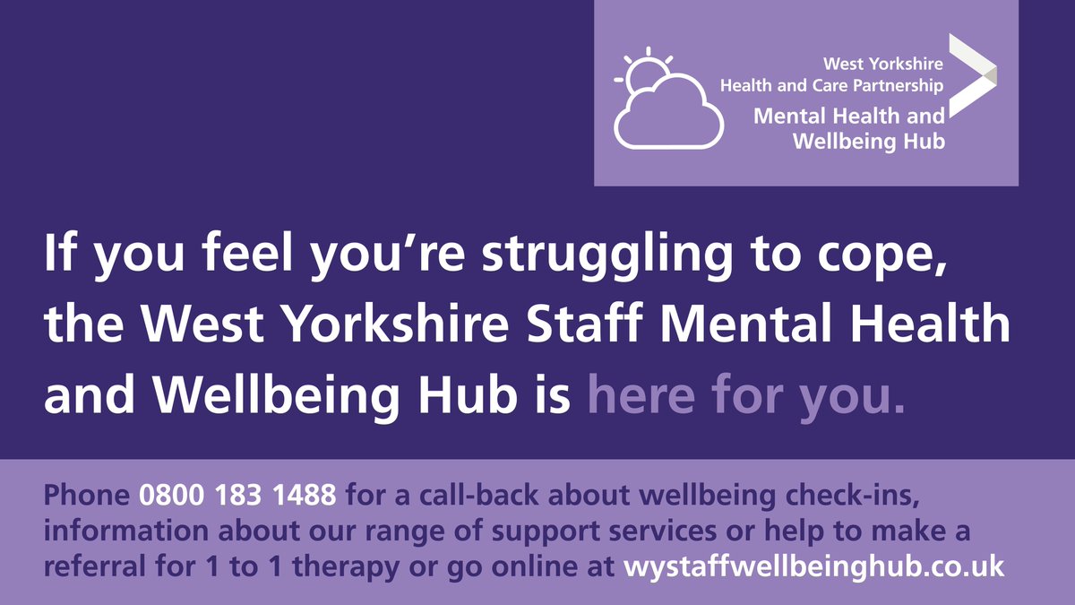 WYpartnership's tweet photo. Did you know that if you work as staff or volunteer in the West Yorkshire health and care system you can book a free mental health wellbeing call with our Staff Mental Health and Wellbeing Hub team? Phone 0800 183 1488 and leave a message https://t.co/YYhpc5KHoj https://t.co/6ZO1YEVGzH