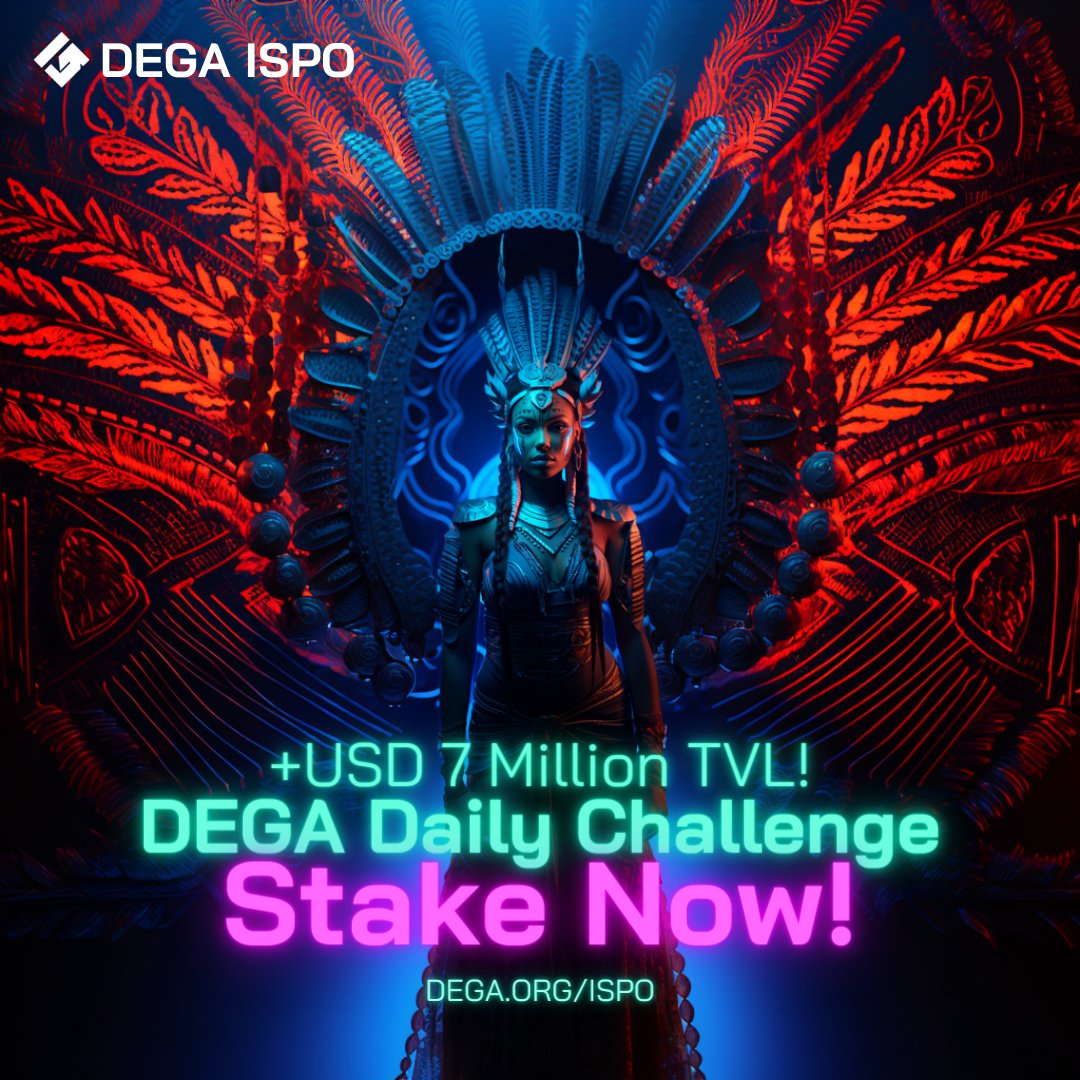 DEGA's #ISPO has soared above USD 7 million TVL!🚀

To celebrate this, we present a new #DailyChallenge for you to participate in and win a chance at 1000 $DEGA Tokens.

Here's how to enter:
1️⃣ Follow us
2️⃣ Like ❤️ &amp; Retweet 🔁
3️⃣ Tag 3 friends

ReTweet this post &amp; invite others!