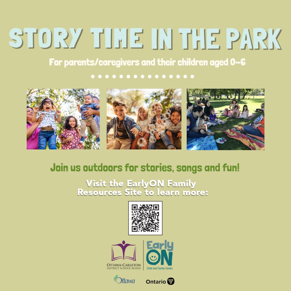 This summer, join EarlyON for Story Time in the Park! Children ages 0-6 and their parents and caregivers are invited to enjoy stories, songs, and fun. Learn more: ow.ly/xnpC50OXyhV