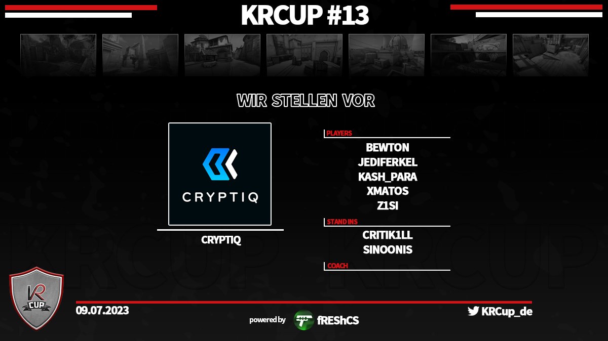 Der fünte Teilnehmer ist <a href="/CryptiqeSport/">Cryptiq</a> . Sie nehmen das erste mal an einem #KRCUP teil.

Viel Erfolg
