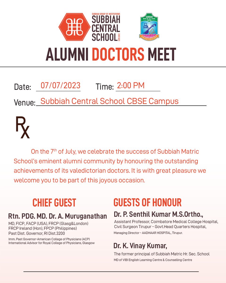 Join us at our premises tomorrow after 2 PM for our Alumni #doctors Meet. You're invited! #subbiahcentralschool #scs #CBSE #rankingschool #leadership #alumni #alumnimeet #doctorsday #Tirupurschools #innovation #pursuingexcellence #socialandemotionallearning #RankHolders