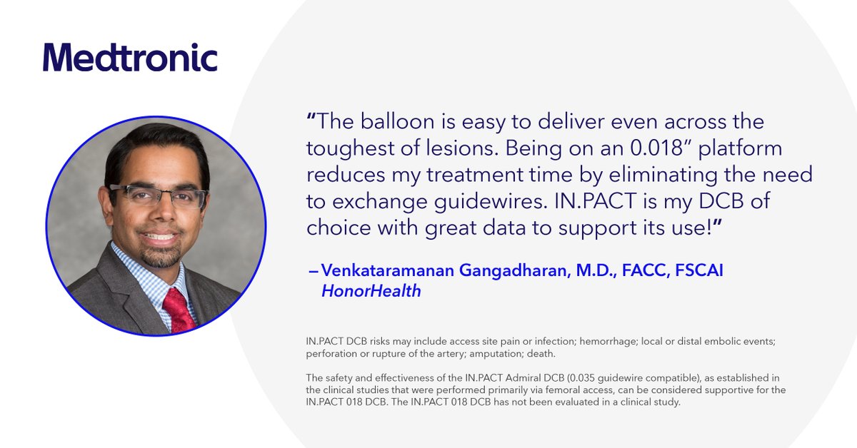 MDTVascular's tweet photo. Dr. Venkataramanan Gangadharan says the IN.PACT 018 DCB is making it easier and more efficient to treat patients with blocked arteries. #INPACTDCB details https://t.co/EGUxymocHE
Risks: https://t.co/BSmiVOpsmF https://t.co/SNPkR27Eq3