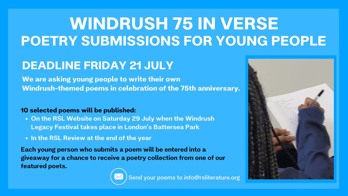 Do you work with young people? ✨

We are asking young poets to write their own Windrush-themed poems in celebration of the 75th anniversary! 

See below for more details and check out our Windrush 75 In Verse page for inspo: bit.ly/Windrush75InVe…