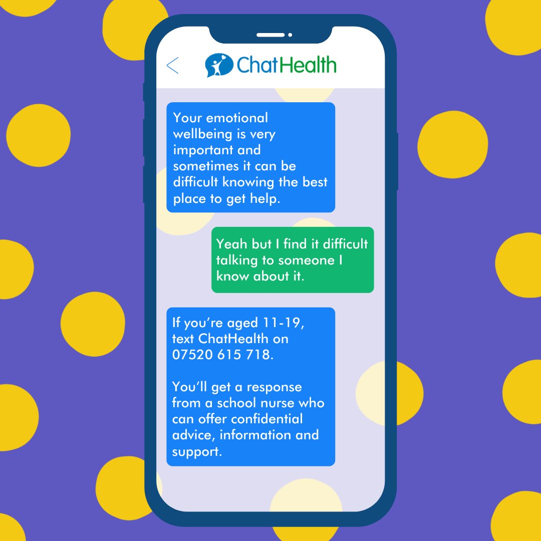 It only takes one message to start making a difference 📱

If you’re aged 11-19, text ChatHealth on 07520 615 718 and you’ll receive a response from a school nurse who can offer confidential advice, information and support. 

Learn more: orlo.uk/vVycZ