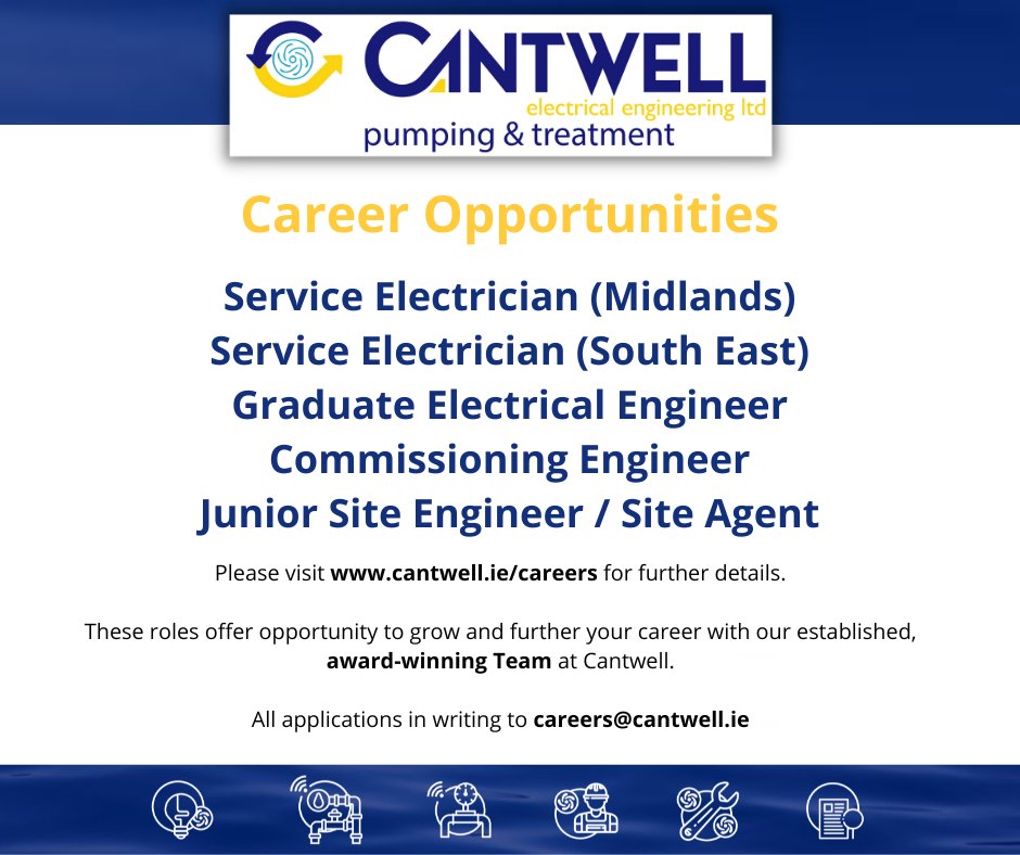 Further #career #opportunities are now available  <a href="/CantwellPumps/">Cantwell</a> 
Due to continued #growth &amp; expansion we require positions listed👇to join our #Team 
For details log-on to cantwell.ie/careers
All applications in writing to careers@cantwell.ie
#jobs #joinourteam #cantwell