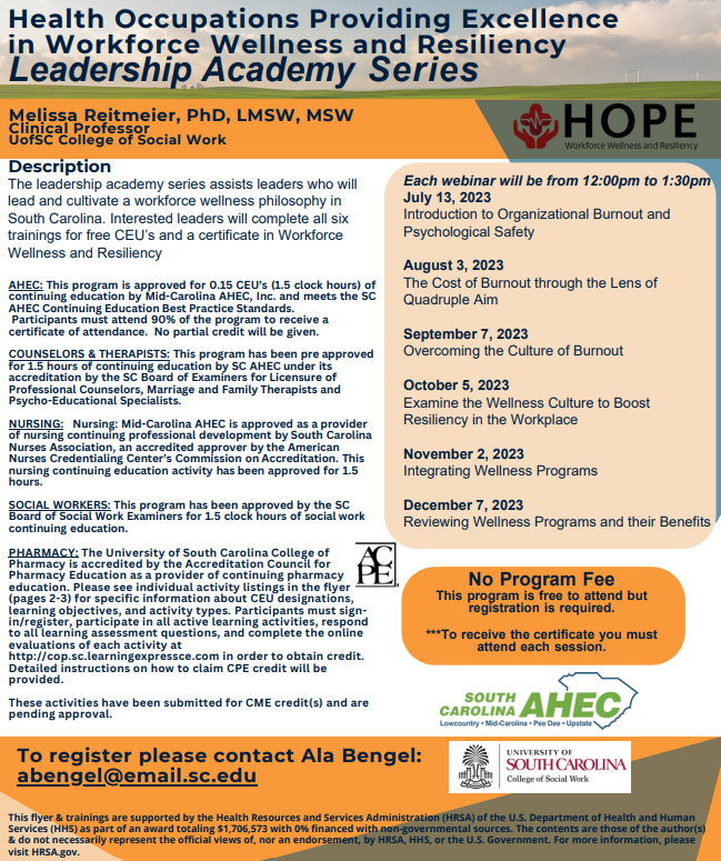 hopewwr's tweet photo. Great #leadership opportunity for #healthcare supervisors students or community practitioners.
@uofsccosw @UofSCNursing @UofSCPharm  are offering an upcoming series w @SCarolinaAHEC for leaders who want to cultivate wellness in their workplace https://t.co/jQdyCfeGMA