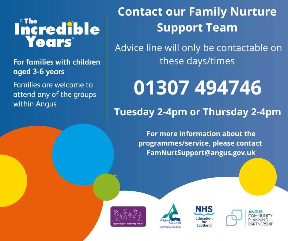 AngusCouncil's tweet photo. Being a parent/carer can be challenging. Contact our Family Nurture Support Team advice line for information and support on our Incredible Years and Five to Thrive Programmes. You can get them on 01307 494746 between 2pm-4pm on a Tuesday or Thursday.
#AngusCares https://t.co/VjADxc3BjH