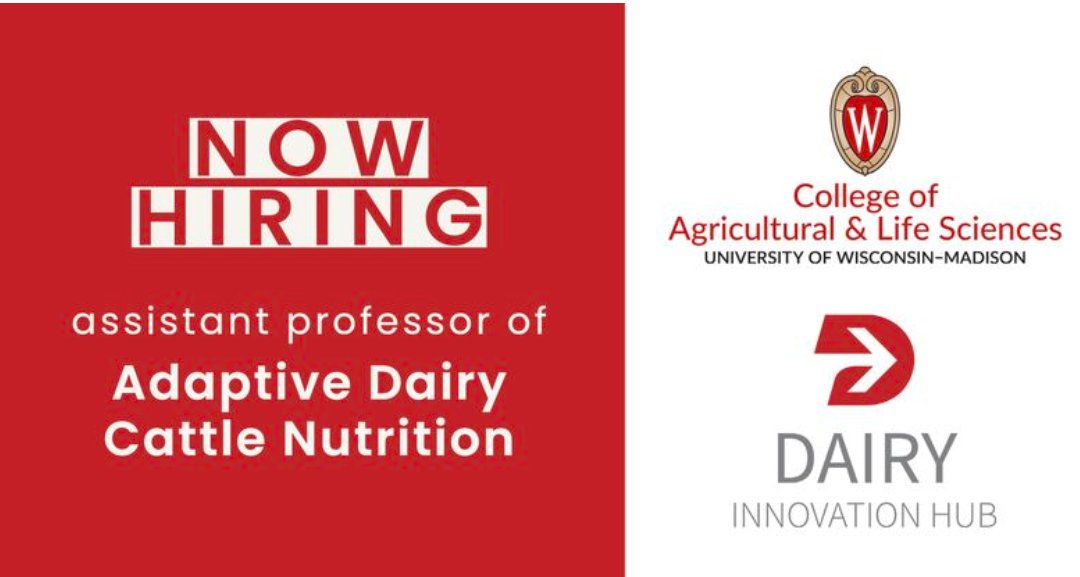 Dairy Innovation Hub (@dairy_hub) on Twitter photo The Hub is hiring!
The Dairy Innovation Hub and <a href="/UWMadisonCALS/">UW–Madison CALS</a> Department of Animal and Dairy Sciences are looking to hire an assistant professor of adaptive dairy cattle nutrition to start in August 2024.
Learn more and apply at ow.ly/Vhzg50P49fA. The Hub is hiring!
The Dairy Innovation Hub and <a href="/UWMadisonCALS/">UW–Madison CALS</a> Department of Animal and Dairy Sciences are looking to hire an assistant professor of adaptive dairy cattle nutrition to start in August 2024.
Learn more and apply at ow.ly/Vhzg50P49fA.