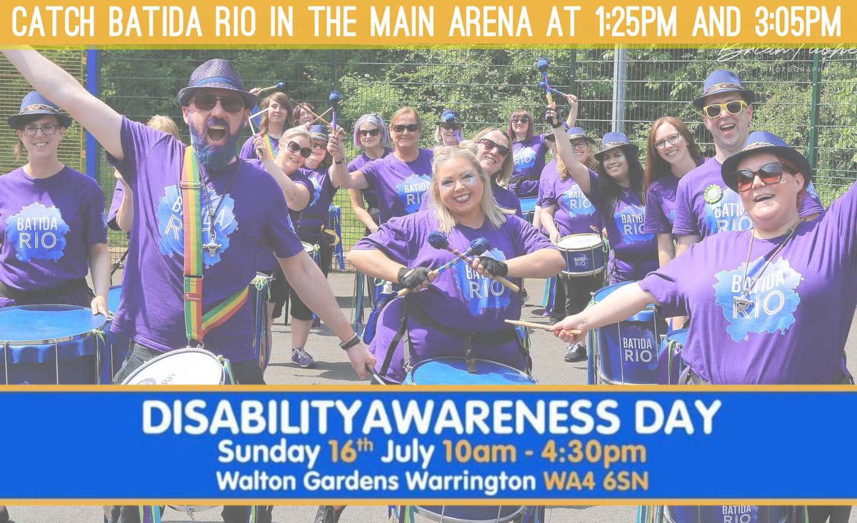 Not long until our next gig at Warrington Disability Awareness Day on Sunday 16th July! You’ll find us in the main arena at Walton Gardens at 1:25pm and 3:05pm 🥁 @WDPcomms #samba #sambaband #warrington #warringtonmusic #warringtondisabilityawarenessday