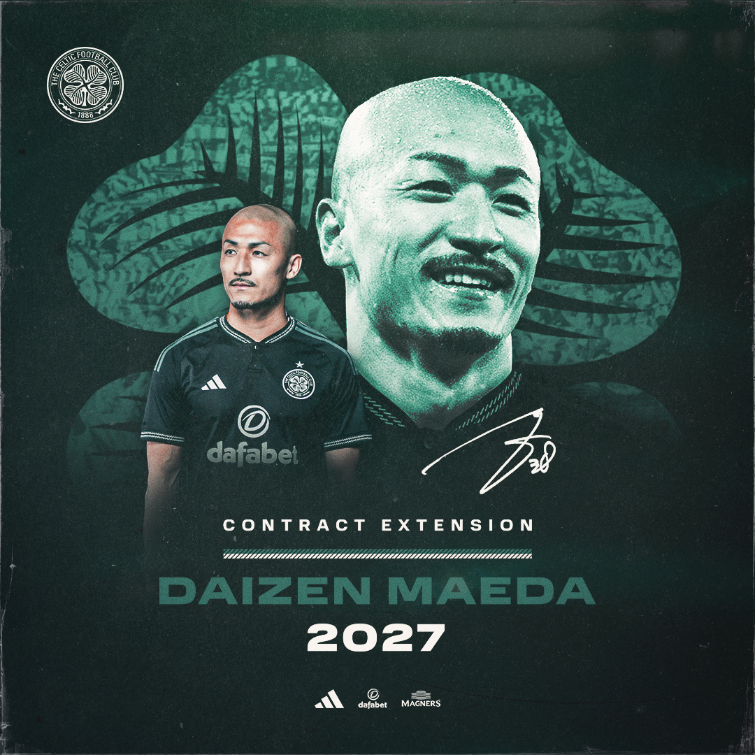 CelticFC's tweet photo. ⚡ #DAIZEN2027 ⚡

We are very happy to announce that our Treble-Winning winger, Daizen Maeda has signed a new four-year deal with the Club! 🇯🇵💚

#CelticFC🍀@M_daizen_1020