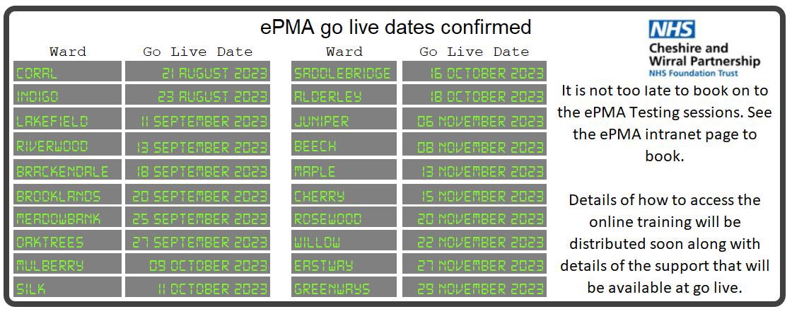 Exciting that we now have confirmed dates for the go live of @TPP_SystmOne ePMA for all @cwpnhs inpatient areas. @AnushtaS @couper_fiona @JasmeenIslam @Technothomas1 @JenBenRMN @TimWelchCWP