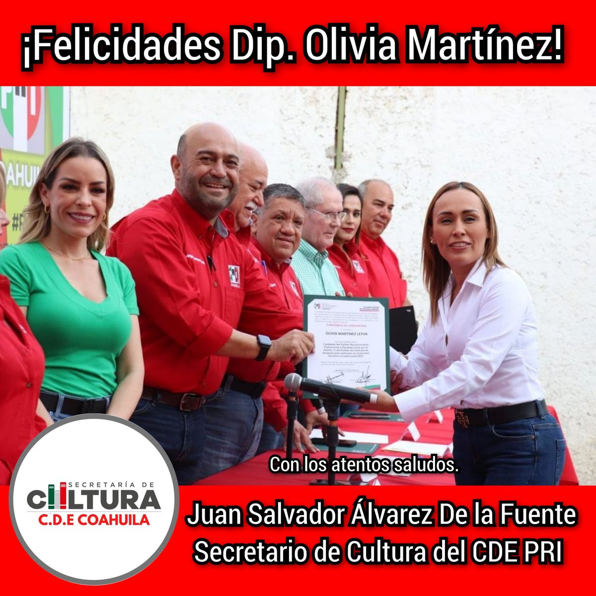 Felicitamos a la diputada @OliviaMtzLeyva por su nuevo encargo como Secretaria General del CDE del #PRICoahuila 

Su llegada garantiza la fortaleza de nuestro partido, los mejores deseos a su gestión, la Secretaría de Cultura Cde Pri Coahuila, esta lista para trabajar.