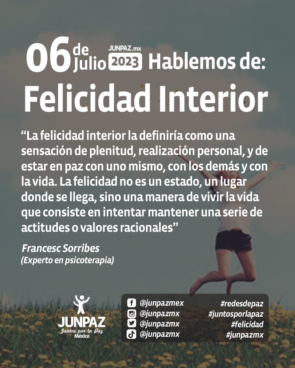junpazmx's tweet photo. La verdadera felicidad no se encuentra en cosas materiales, sino en tu interior. Cultiva tu felicidad interior y tendrás una vida plena y satisfactoria. 
.
.
.
💛 #RedesDePaz #SomosPaz #junpaz #JuntosPorLaPaz #felicidadinteriorr #amorpropioo #vidasana https://t.co/PxGPUfPWrJ