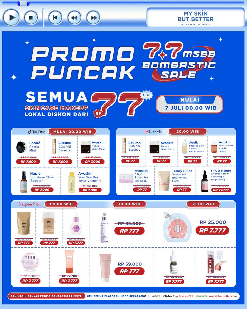 msbb_id's tweet photo. Cari diskon skincare makeup murah?

Gas #BELIDIMSBB aja pas puncak 7.7! Promonya bombastis B.G.T dan siap diserbu mulai pukul 00.00 WIB🤩
🔥SERBA 77
🔥SERBA 777
🔥SERBA 7.000
🔥SERBA 7.777

Ada banyak voucher yg bisa diclaim. 
Lengkapnya cek gambar ini 👇🏻
https://t.co/Vp0VdKUxmd https://t.co/vAxBSHImYh