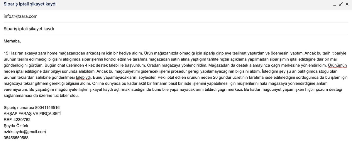 oztrkseyda's tweet photo. @zarahome müşteri mağduriyetinizi hiçbir şekilde gidermemeniz ve anlamsız prosedürleriniz markaya olan inancımı bitirdi. Teşekkürler. Şikayetime ilişkin detayı görselde detaylıca anlattım. https://t.co/UanDpIrpTh