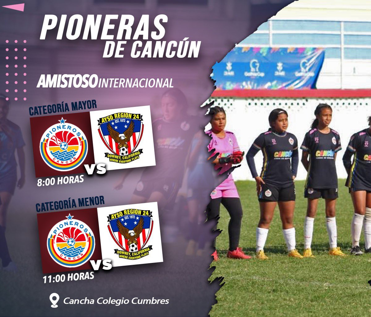 Atención #FamiliaPionera 🚨🚨

Este jueves nuestra Femenil se enfrentará en un partido amistoso VS. Ayso Region 24 de Downey, California🇺🇸

¡Los esperamos con las mejores porras! ¡Vamos todos a apoyar y levantar el nombre de Pioneros por lo más alto!

📌Cancha del Colegio Cumbres