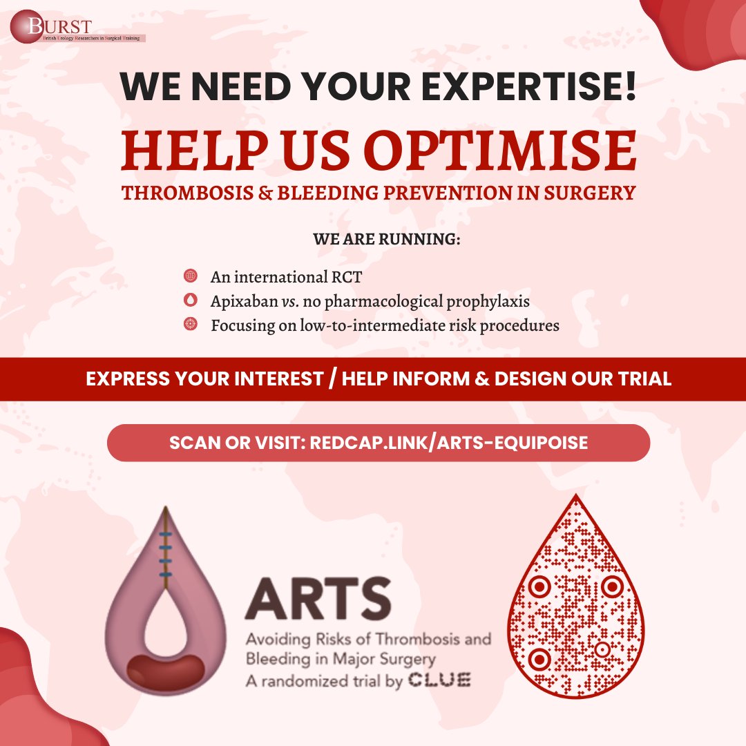 📢ATTENTION UK & IRELAND SURGEONS!🚨

We need you!

⭐️Contribute to the ARTS Trial - evaluating Apixaban vs no VTE prophylaxis in abdominal & pelvic surgeries. 

🩺 All grades 
⏲️ <5 mins 
🔗 redcap.link/ARTs-Equipoise

#ARTSTrial #UroSoMe #VTE #DOAC #Apixaban