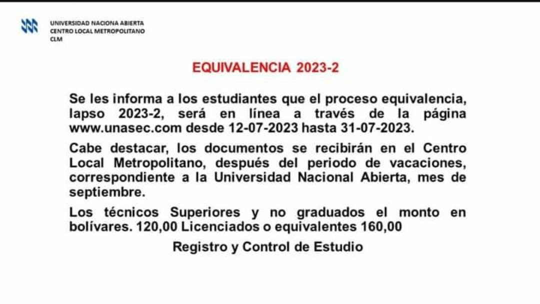 Proceso de Equivalencia 2023-2 se indica a partir del día 06-07-2023 en la página de inscripción unasec. 
De acuerdo a comunicado, la fecha correcta es a partir de 12-07-2023 hasta el  31-07-2023👇 Indispensable haber aprobado el Curso Introductorio