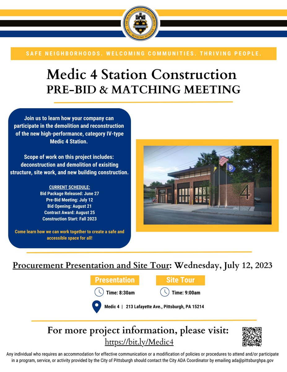 Calling all contractors! Join us at 8:30am on Wednesday, 7/12, at Medic 4 Station (213 Lafayette Ave.) to learn how your company can be a part of the demolition and reconstruction of the new high-performance station. Full procurement details: bit.ly/Medic4