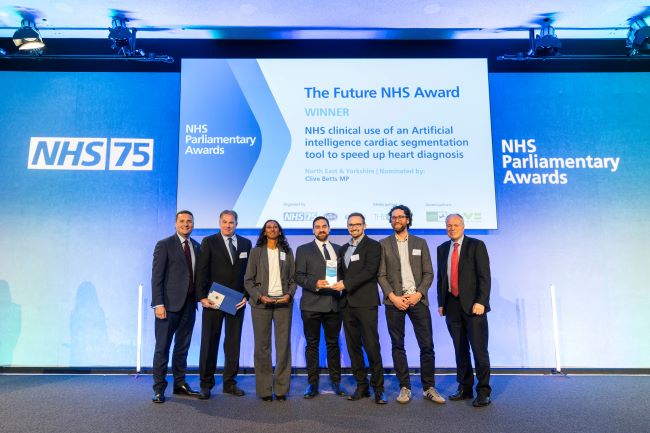 Huge congratulations to the AI cardiac diagnostic tool on winning the national The NHS Future Award at the #NHSParlyAwards on the #NHS75birthday 💙

The AI tool provides a super-fast analysis of the heart’s function, improving future heart disease care #NHS75 #NHSParlyAwards 1/3