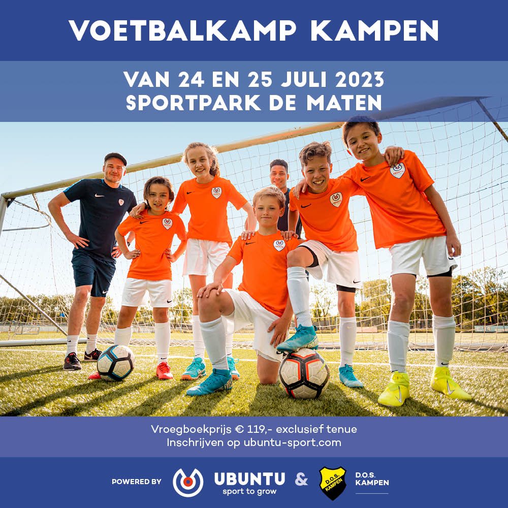 Ben je tussen de 4 en 14 jaar? En altijd al aan een voetbalkamp mee willen doen? Op 24 en 25 juli aanstaande kan dat bij DOS op ons eigen sportpark De Maten! 
Wil je meer info of meteen al inschrijven? Kijk dan snel op doskampen.nl/1/362/ubuntu-v… ⚽️⚽️⚽️