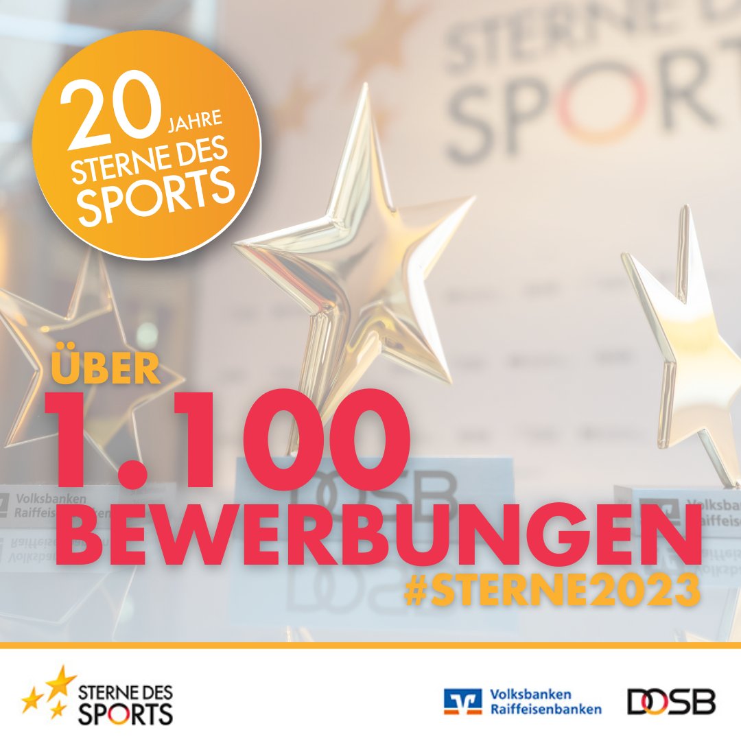 ⭐ Wow! Über 1.100 Bewerbungen für die #Sterne2023. 💪 Ab jetzt geht es um die Sterne des Sports in Bronze, Silber und Gold. 🤩 🔜 Wir sind gespannt, wen wir in Berlin auszeichnen...#SterneDesSports #EchtGoldWert #VieleSchaffenMehr #Volksbanken #Raiffeisenbanken <a href="/BVRPresse/">BVR</a> <a href="/DOSB/">DOSB</a>