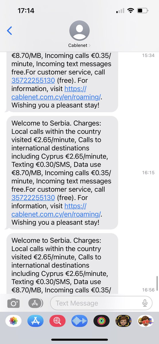 MilenkoStrika's tweet photo. @CablenetCyprus can you fix your Roaming notification system? After arrival to Serbia, I keep receiving every 41min a message regarding roaming charges. It’s been days now, so annoying! https://t.co/P607eplygS