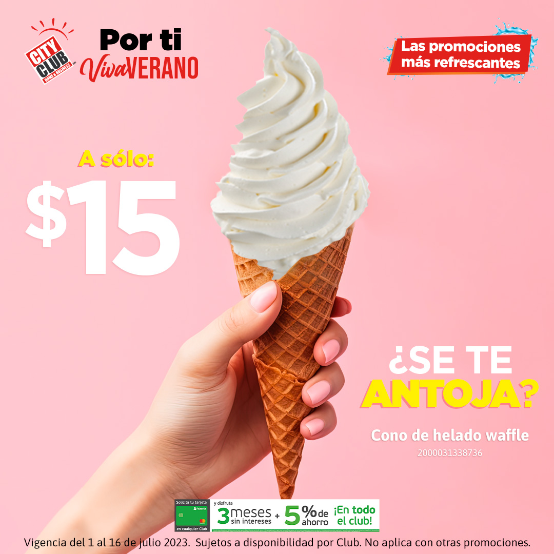 Refréscate este verano 🌞 con un delicioso cono de helado waffle 🍦a sólo  $15 😱. Visita nuestro sitio. ➡️ https://t.co/fu1jllsRwI #CityClub  #Conodehelado #Verano #Calor, image size:1080x1080