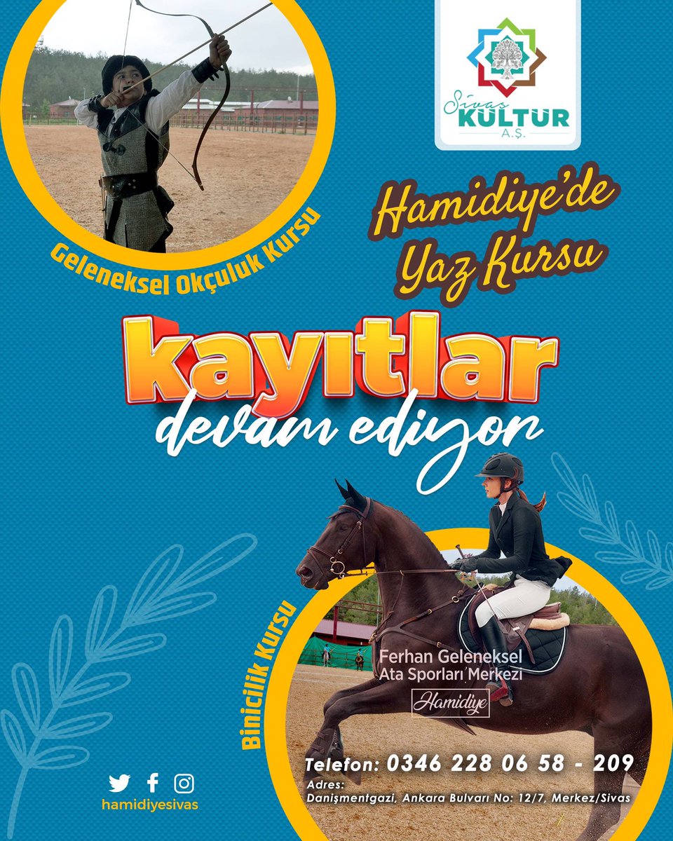 📣 Kayıtlar Devam Ediyor…

🏇🏹 Hamidiye’de Yaz Kursu
🔸Binicilik Kursu
🔸Geleneksel Okçuluk Kursu

Kayıt yaptırmak için geç kalmayın.😉

#Hamidiye
#Sivas
#YazKursu
#Binicilik
#GelenekselOkçuluk