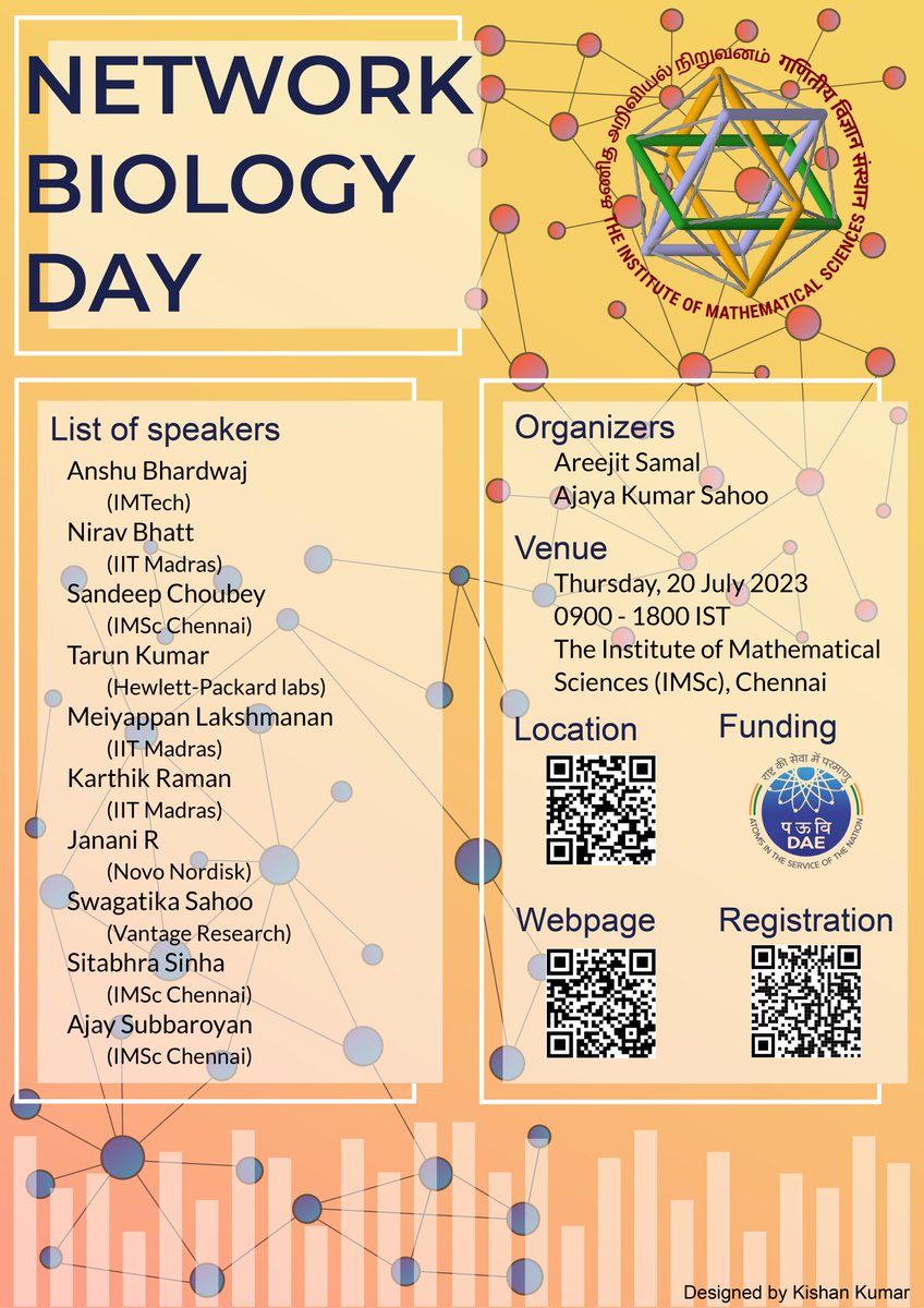 areejitsamal's tweet photo. Happy to announce the 1-day meeting 'Network Biology Day' @IMScChennai on 20th July 2023. For details and registration see: https://t.co/YKMgxOhWFo @AnshuB @karthikraman @tarunkumarsnu @MeiyappanL @JananiRavi1803 @Sandeep_IMSc @rbc_dsai_iitm @IBSE_IITM https://t.co/7tTIAYUXZy