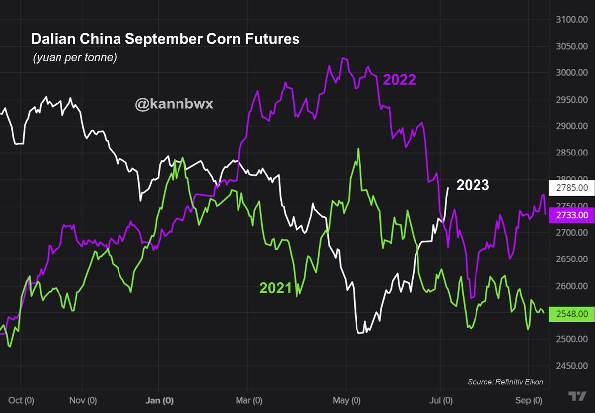 kannbwx's tweet photo. 🇨🇳#Corn futures in #China have rallied well off their recent lows, opposite of the trend seen at this time in 2022 &amp; 2021. September futures have climbed more than 12% since the May 12 bottom, reaching the highest levels since mid-March. Adverse weather is a likely factor. https://t.co/3R4Ulw9TEd