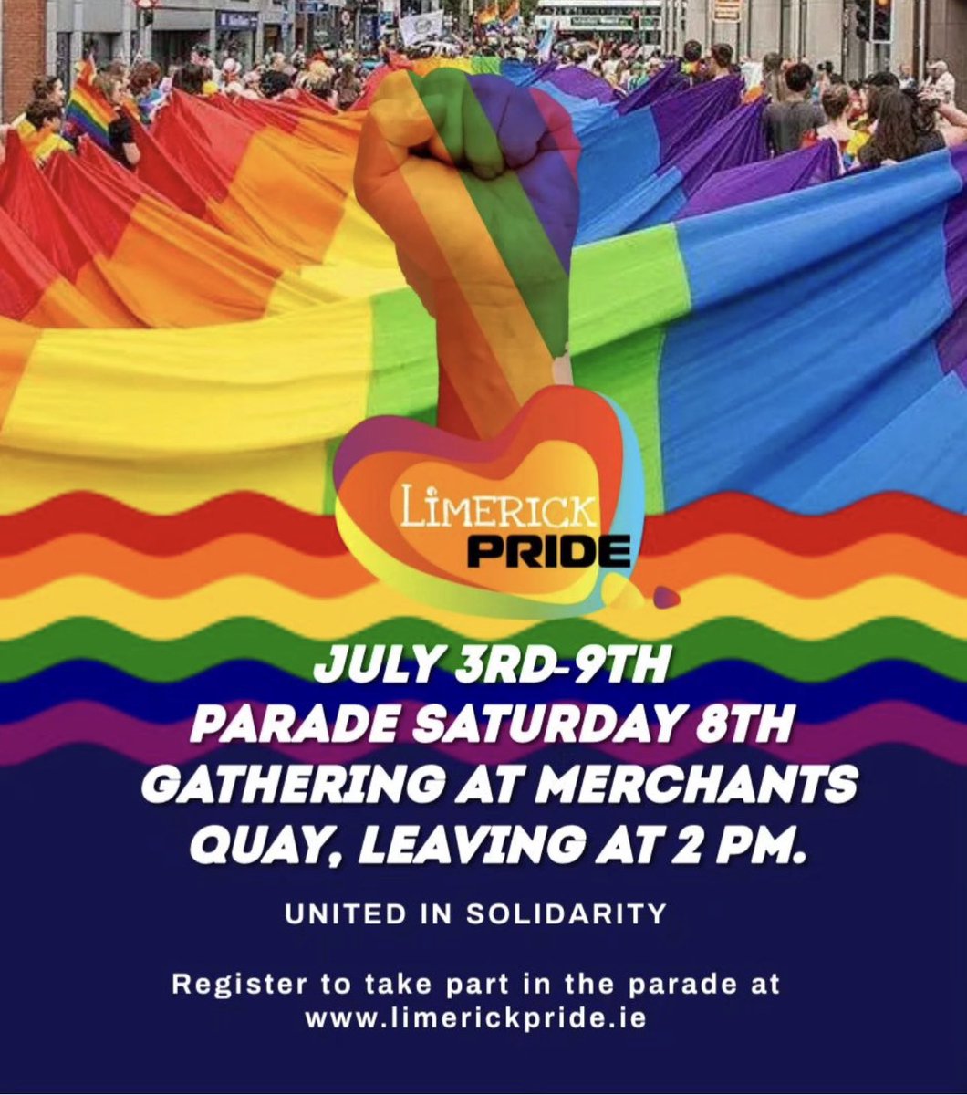 🏳️‍🌈 If you’re in Limerick tomorrow, make sure to visit #LimerickPride. The Parade will begin at Merchants Quay and leave at 2pm! Happy Pride, Limerick! 🏳️‍🌈