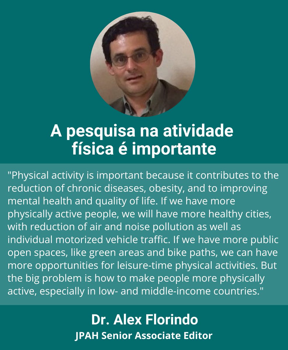 Journal of Physical Activity & Health (@jpahjournal) on Twitter photo Welcome Alex Florindo to our fabulous group of Senior Associate Editors! Based w/the Physical Activity Epidemiology Group at the University of Sao Paulo🇧🇷, his work focuses on environmental correlates/determinants to increase walking, bicycling, & leisure activity.
<a href="/AAFlorindo/">Alex Florindo</a> Welcome Alex Florindo to our fabulous group of Senior Associate Editors! Based w/the Physical Activity Epidemiology Group at the University of Sao Paulo🇧🇷, his work focuses on environmental correlates/determinants to increase walking, bicycling, & leisure activity.
<a href="/AAFlorindo/">Alex Florindo</a>
