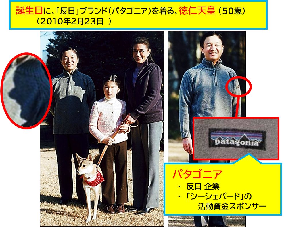 ALICE_777's tweet photo. @aruhi105 @kitanocurry >>
だから記者が勝手に撮った写真は、記者が自主的に広告を隠してやるのが筋だとあれほど。　

＊
＊
「徳仁天皇」の場合は、「公式」。

「誕生日」に、
わざわざ、
「反日」ブランドの、
「パタゴニア」を着る、徳仁天皇。
　. https://t.co/XyhVRjV3Es