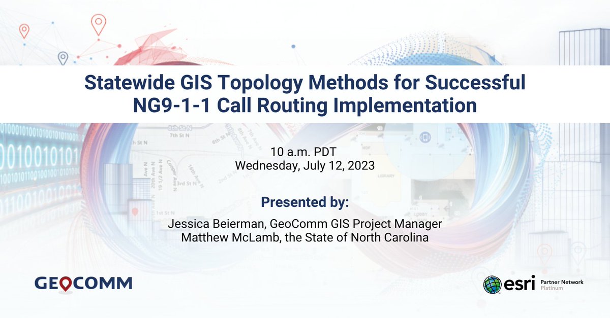 _GeoComm's tweet photo. We will be presenting at #EsriUC2023 with the State of NC on “Statewide GIS Topology Methods for Successful NG911 Call Routing Implementation” at 10 am on Wed. July 12. Learn about the solution designed for successful implementation of a dataset used for NG911 call routing in NC. https://t.co/bwCjaCngxp