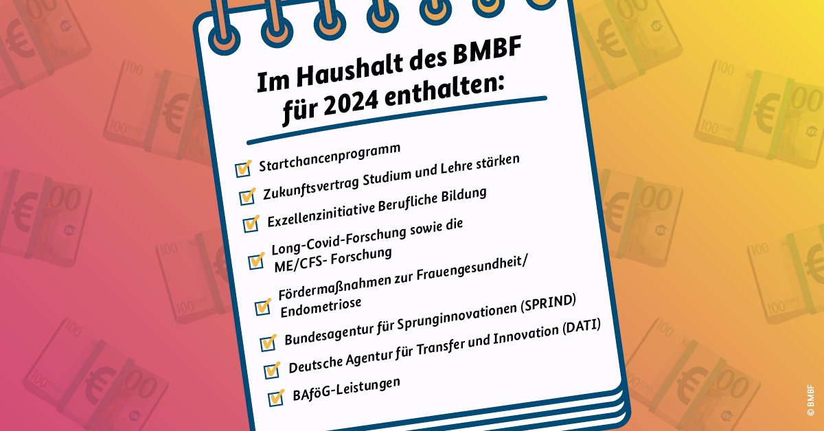 Das sieht unser Haushalt für 2024 vor:
Mehr dazu: bmbf.de/bmbf/shareddoc…