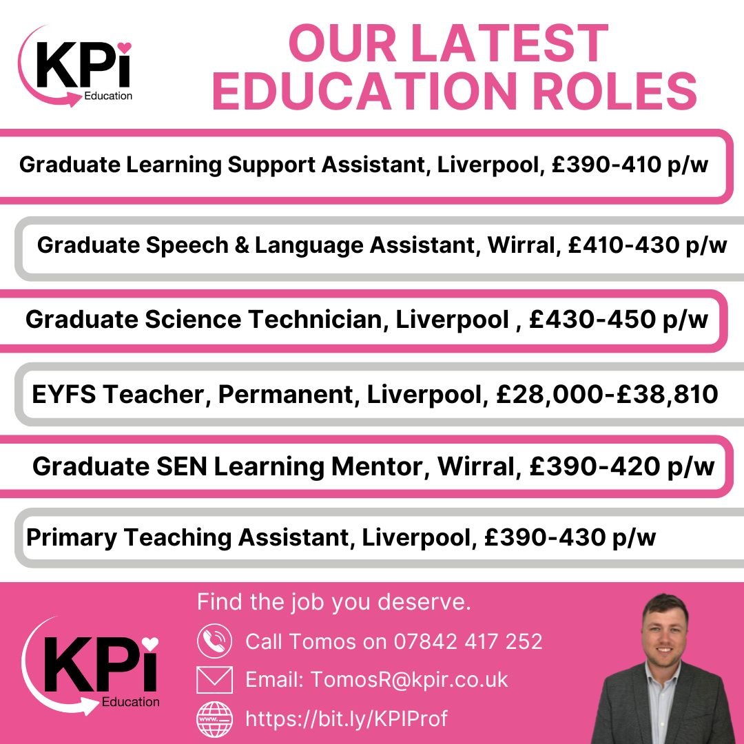 **TEACHING ROLES** Merseyside. Up to £450 p/w. Call Tom on 07842 417252 or email TomosR@kpirc.o.uk. Find all our #TeachingJobs here: bit.ly/KPIProf #EducationJobs #MerseysideJobs #LiverpoolJobs